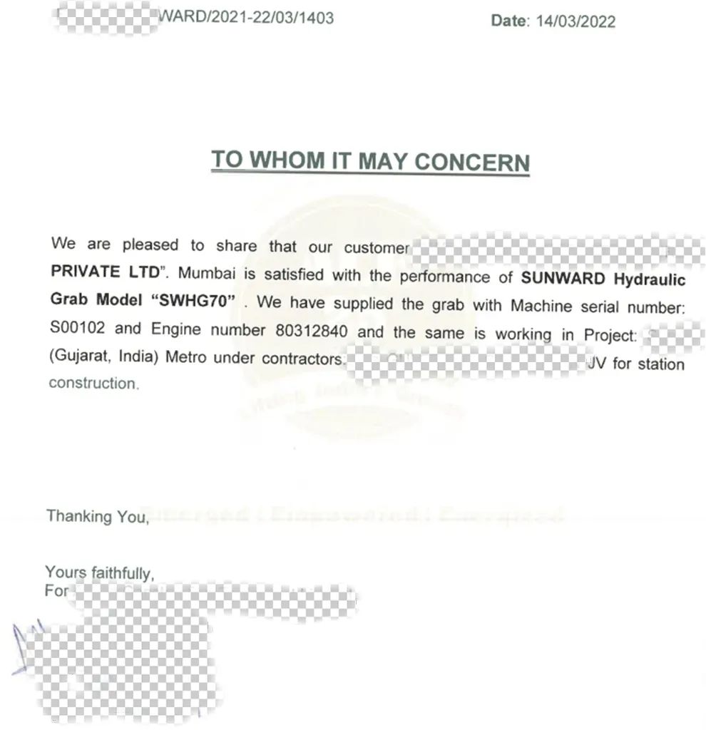 感谢信!beat365官网SWHG70液压抓斗助力海外基础施工获肯定